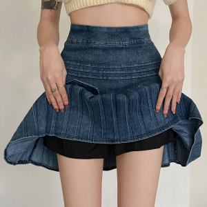 RM1898#牛仔半身裙2023年夏季新款高腰显瘦百折A字短裙子女