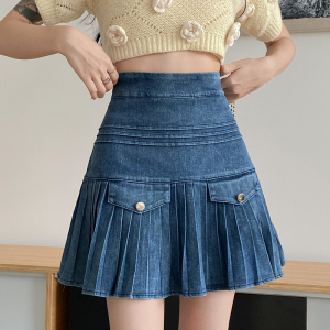 RM1898#牛仔半身裙2023年夏季新款高腰显瘦百折A字短裙子女