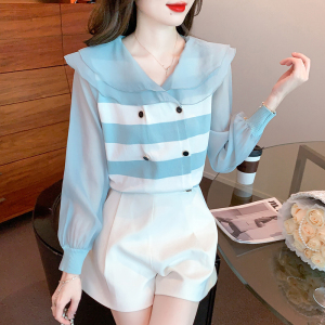 TR14320# 春新款韩版甜美娃娃领长袖雪纺衫减龄拼接百搭条纹针织衫上衣 服装批发女装服饰货源