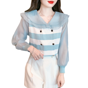 TR14320# 春新款韩版甜美娃娃领长袖雪纺衫减龄拼接百搭条纹针织衫上衣 服装批发女装服饰货源