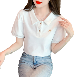 RM2143#夏季新款简约韩版宽松型POLO领泡泡袖短袖纯色