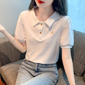 RM2143#夏季新款简约韩版宽松型POLO领泡泡袖短袖纯色