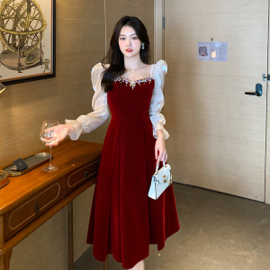 RM8724#敬酒服2023新款新娘酒红色冬季平时可穿纱袖订婚连衣裙出阁宴礼服
