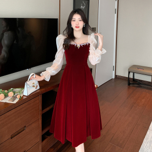 RM8724#敬酒服2023新款新娘酒红色冬季平时可穿纱袖订婚连衣裙出阁宴礼服