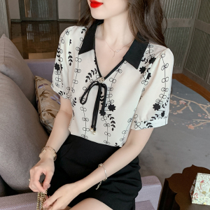 TR13997# 夏季新款韩版白搭印花系带拼接短袖衬衫女上衣夏 服装批发女装直播货源