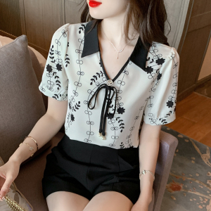 TR13997# 夏季新款韩版白搭印花系带拼接短袖衬衫女上衣夏 服装批发女装直播货源