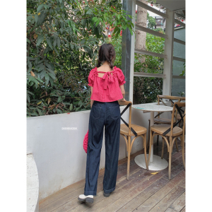 TR14213# 火龙果红色短袖格子小衫女小个子甜美露肩衬衫短上衣 服装批发女装服饰货源