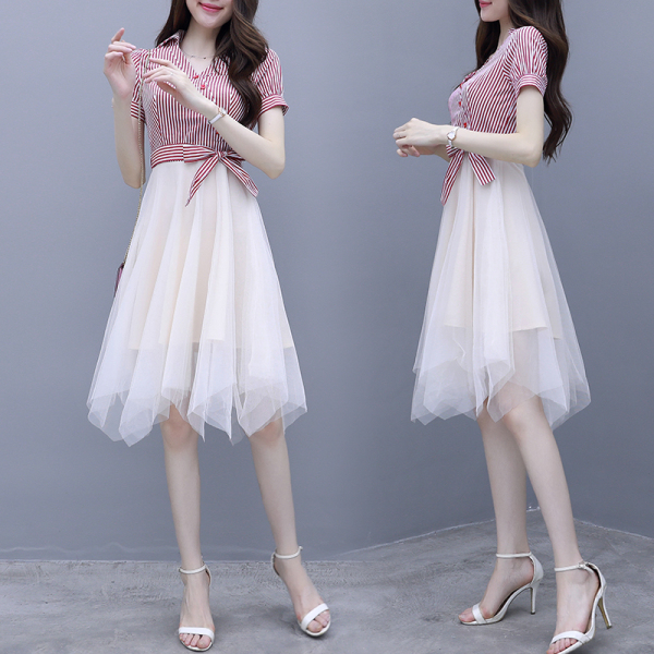 RM3236#洋气遮肚显瘦假两件拼接连衣裙2023夏季新款网纱裙子