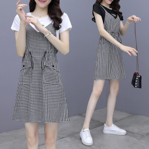 RM3239#短袖连衣裙女 夏季新款格子吊带拼接假两件收腰显瘦休闲裙子