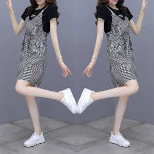 RM3239#短袖连衣裙女 夏季新款格子吊带拼接假两件收腰显瘦休闲裙子