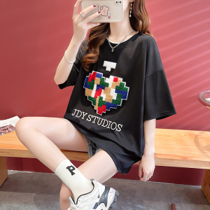TR14887# 夏季韩版宽松棉印花中长款大码女装短袖T恤女  服装批发女装服饰货源