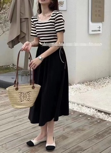 RM8947#新款韩版时尚短袖拼接腰间抽绳连衣裙