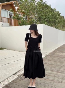 RM8947#新款韩版时尚短袖拼接腰间抽绳连衣裙