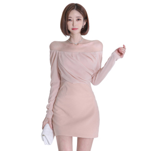 RM2857#新款名媛气质一字领雪纺拼接收褶修身性感连衣裙