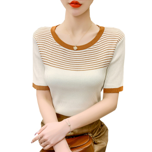 TR15684# 短袖T恤夏季新款时尚洋气条纹圆领修身显瘦打底衫 服装批发女装直播货源