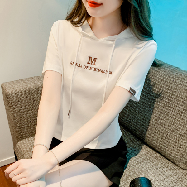 RM6806#夏季韩版刺绣连帽短袖T恤女休闲百搭短款上衣潮