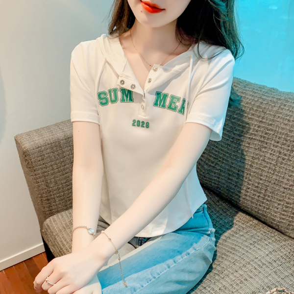 RM6807#夏季新款韩版休闲百搭印花连帽短袖T恤女短款上衣潮