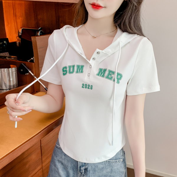 RM3301#夏季新款印花字母连帽抽绳T恤打底上衣女
