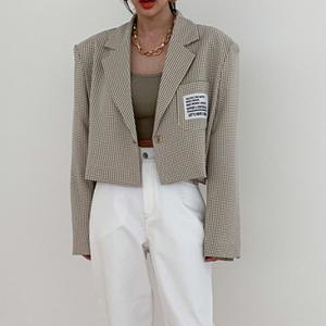 RY1434#春季新款韩版时髦格子翻领个性贴标短款西服短外套