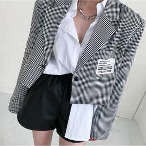 RY1434#春季新款韩版时髦格子翻领个性贴标短款西服短外套