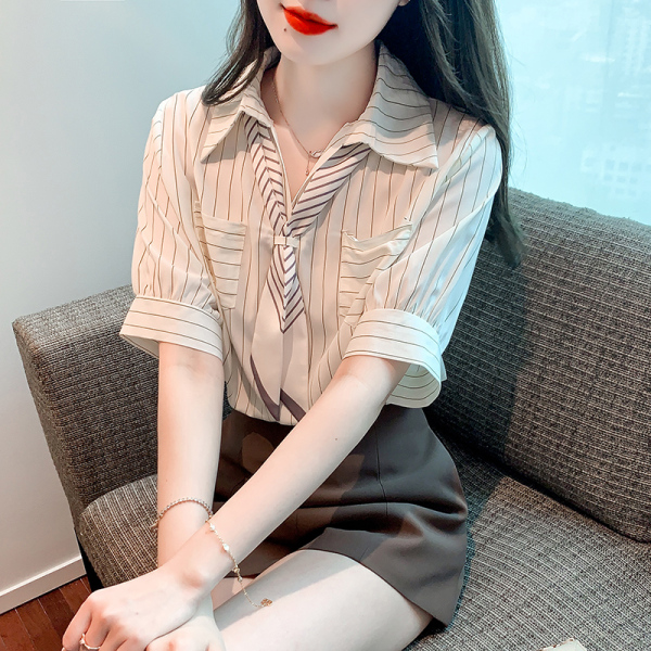 RM2145#夏季新款  衬衫雪纺韩版休闲标准条纹衬衫领
