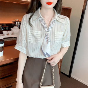 RM2145#夏季新款  衬衫雪纺韩版休闲标准条纹衬衫领