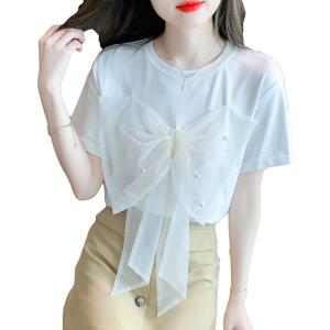 RM2147#夏季新款简约蝴蝶结圆领短袖T恤X型纱套头宽松型