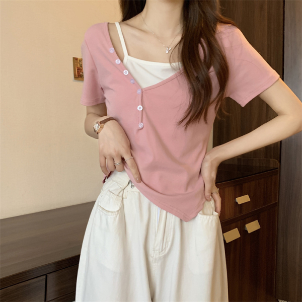 RM3850#夏季新款甜美小清新吊带两件套纯欲风纯棉短袖T恤女