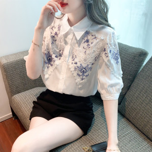 RM2227#夏季新款白色独特刺绣上衣女设计感小众百搭简约衬衫