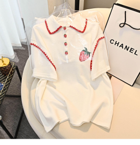 TR14217# 棉夏季新款小草莓刺绣撞色休闲两件套装 服装批发女装服饰货源