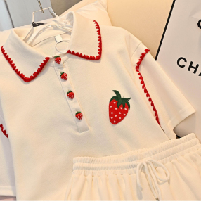 TR14217# 棉夏季新款小草莓刺绣撞色休闲两件套装 服装批发女装服饰货源