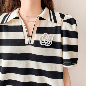 RM2070#珠地抖音质量刺绣条纹polo衫短袖t恤女大码女装上衣