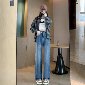 RM6630#大码阔腿牛仔裤女高腰垂感拖地裤胖MM显瘦撞色小个子直筒裤