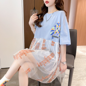 RM2072#刺绣纱网韩版中长款短袖T恤裙