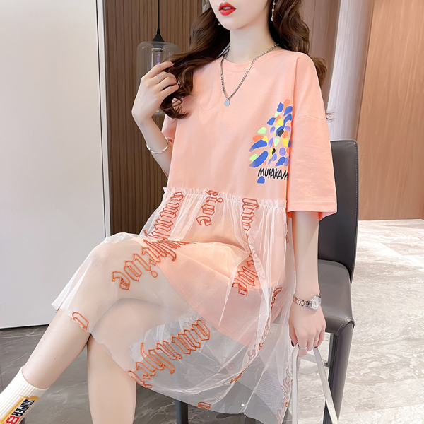 RM2072#刺绣纱网韩版中长款短袖T恤裙