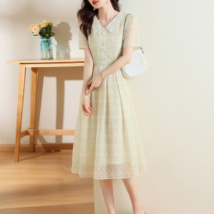 RM19466#雪纺提花连衣裙女夏2023夏装新款气质格子娃娃领长款裙子