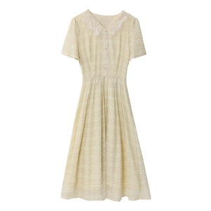 RM19466#雪纺提花连衣裙女夏2023夏装新款气质格子娃娃领长款裙子