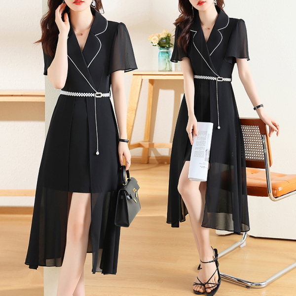 RM5553#赫本风职业西装连衣裙女夏季高级感黑色显瘦雪纺气质裙子