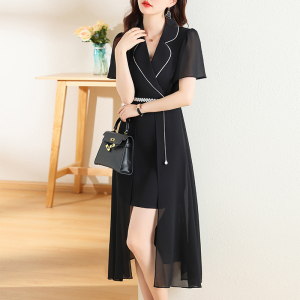 RM5553#赫本风职业西装连衣裙女夏季高级感黑色显瘦雪纺气质裙子