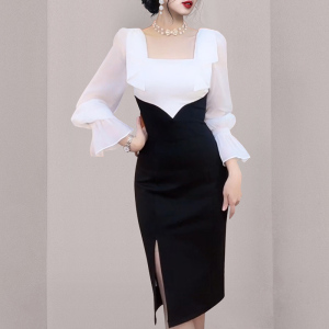 RM5402#新款法式设计感小众拼接收腰包臀连衣裙
