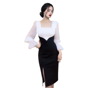 RM5402#新款法式设计感小众拼接收腰包臀连衣裙
