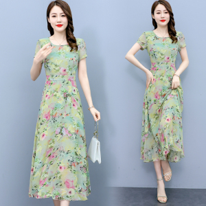 RM5467#夏季新款时尚短袖雪纺连衣裙小碎花收腰大摆长裙女