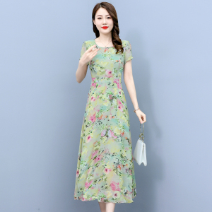 RM5467#夏季新款时尚短袖雪纺连衣裙小碎花收腰大摆长裙女