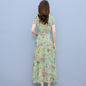 RM5467#夏季新款时尚短袖雪纺连衣裙小碎花收腰大摆长裙女