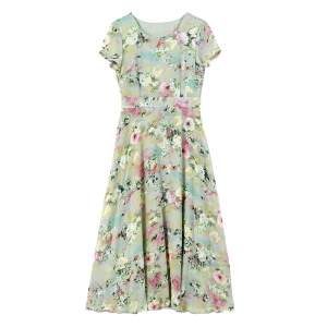 RM5467#夏季新款时尚短袖雪纺连衣裙小碎花收腰大摆长裙女