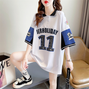RM3737#夏装韩版宽松后包领斜纹拉架上衣中长款大码短袖T恤女