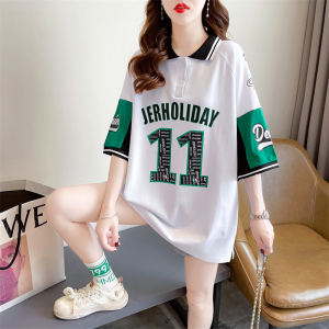 RM3737#夏装韩版宽松后包领斜纹拉架上衣中长款大码短袖T恤女