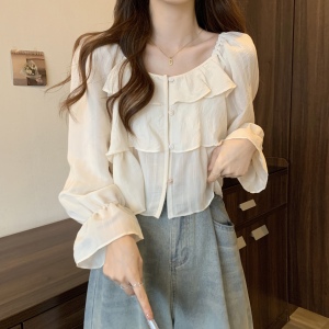 RM24686#韩版新款法式方领泡泡袖设计感小众洋气短款衬衫女