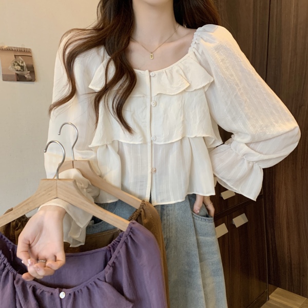 RM24686#韩版新款法式方领泡泡袖设计感小众洋气短款衬衫女