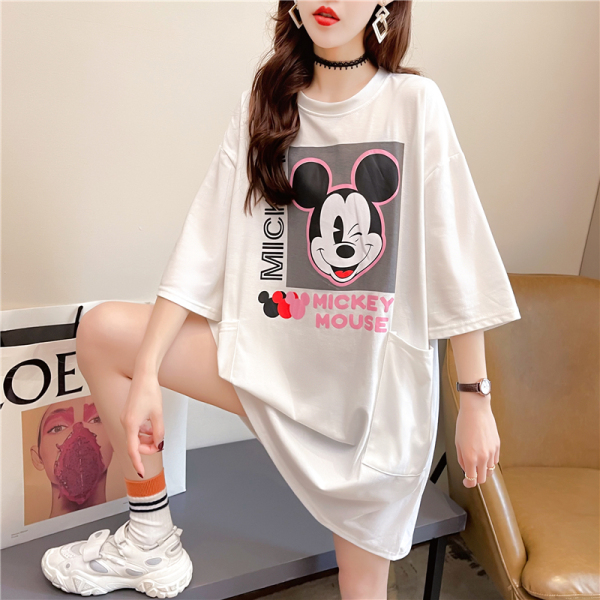 RM3739#夏装韩版宽松圆领卡通印花上衣中长款大码女装短袖T恤女